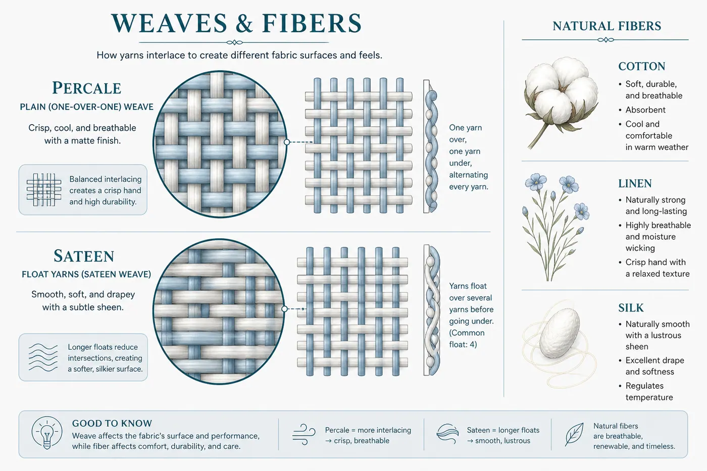 Educational diagram comparing percale and sateen weaves beside cotton, linen and silk fibre notes