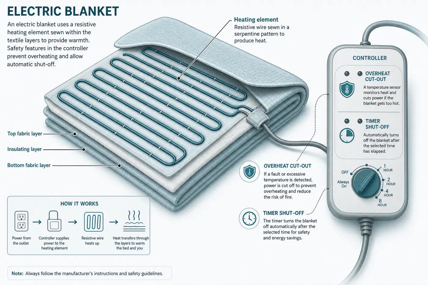 Educational diagram of an electric blanket showing serpentine heating elements linked to a controller with overheat and timer safety blocks
