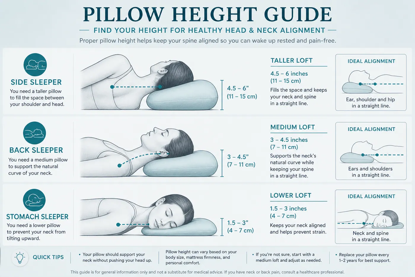 Educational flowchart from sleep position to pillow loft and fill type