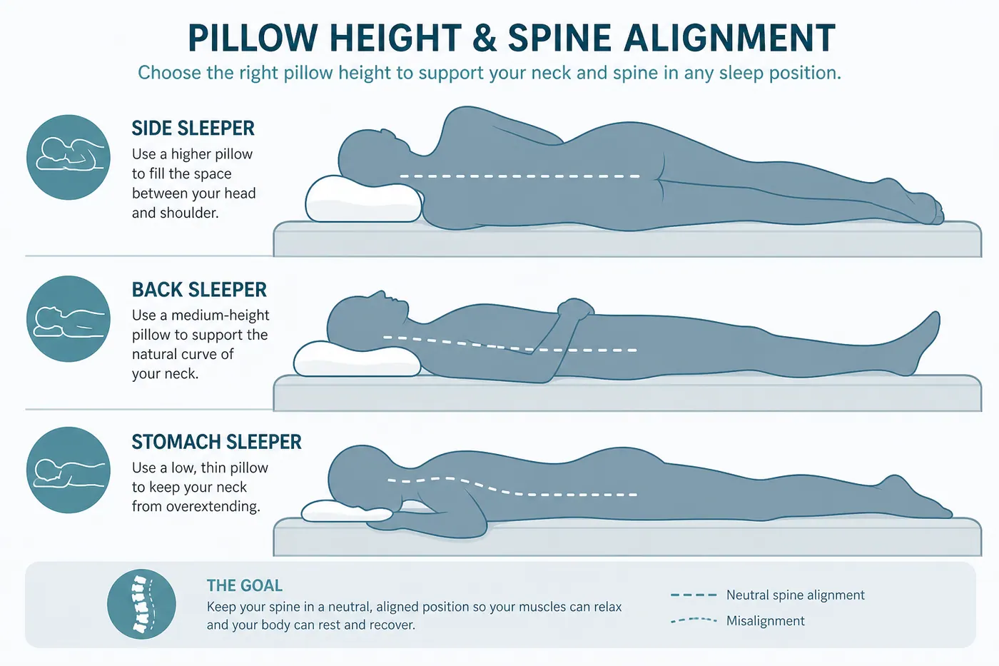 Educational side-view diagrams of side, back and stomach sleepers showing different pillow loft needs for neck alignment
