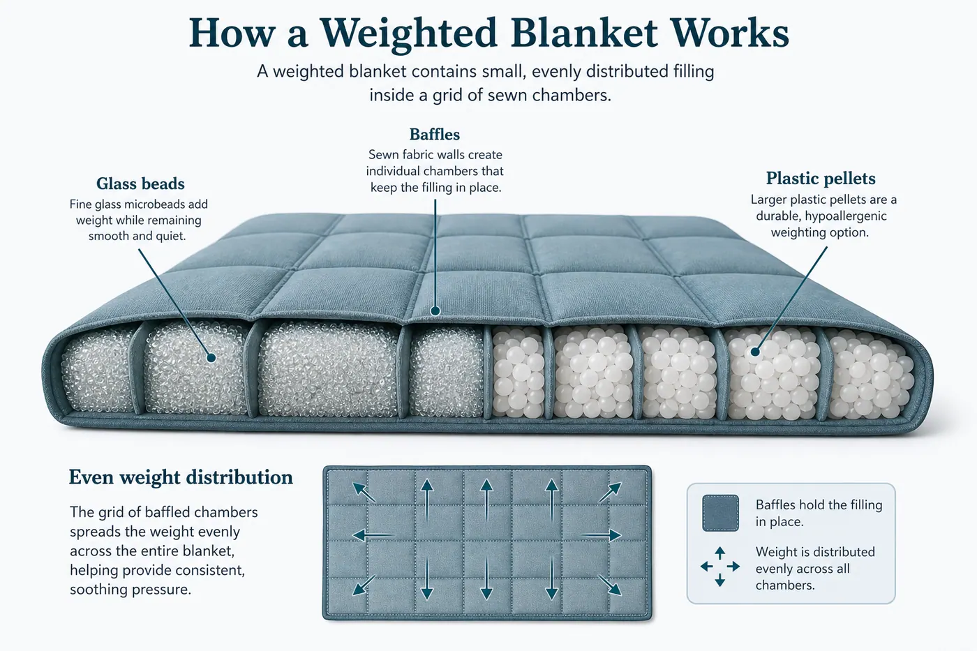 Educational cutaway of a weighted blanket showing baffled chambers filled with glass beads versus larger plastic pellets
