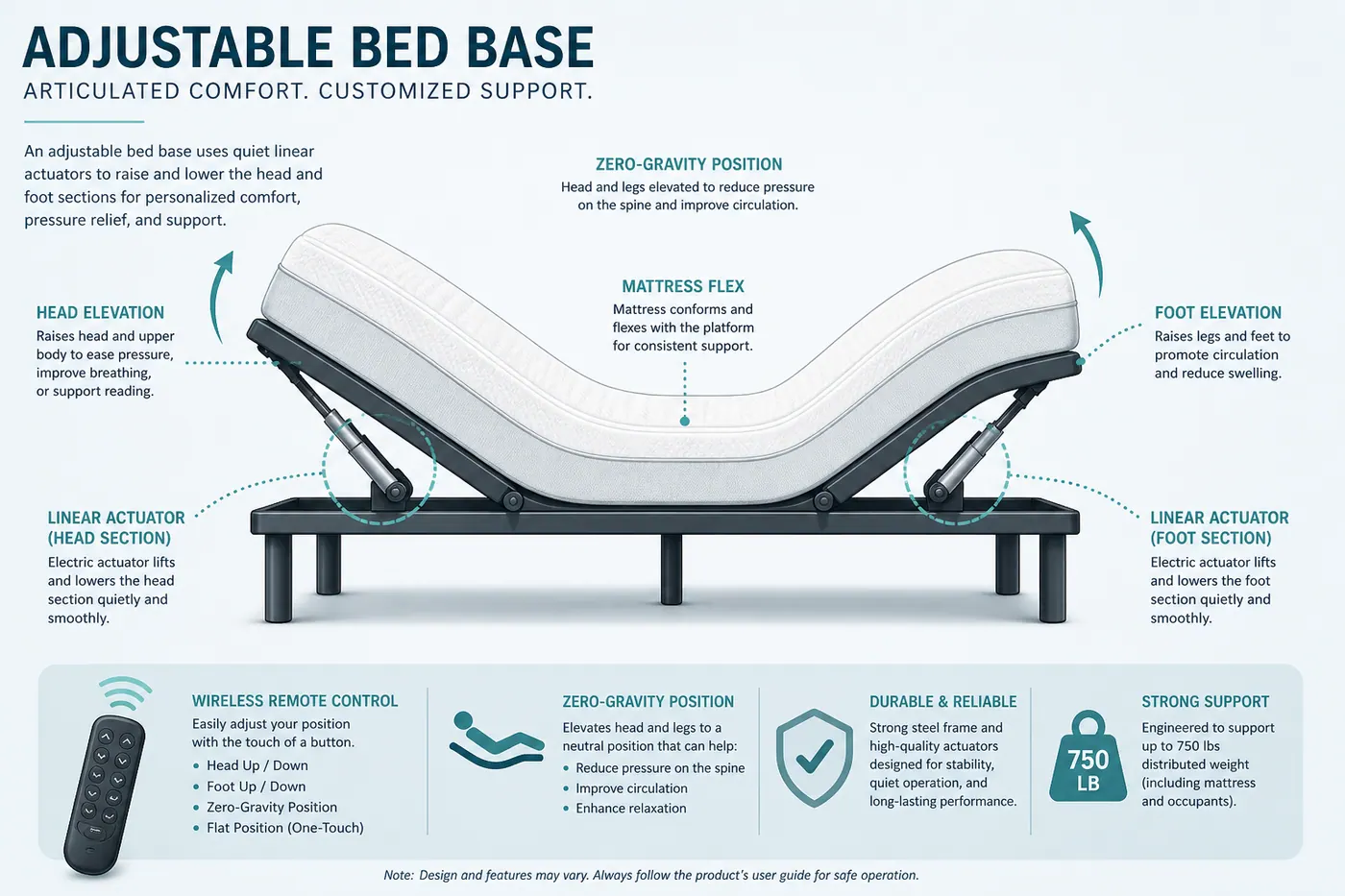 Educational diagram of an adjustable bed base showing head and foot actuators and a zero-gravity elevated position