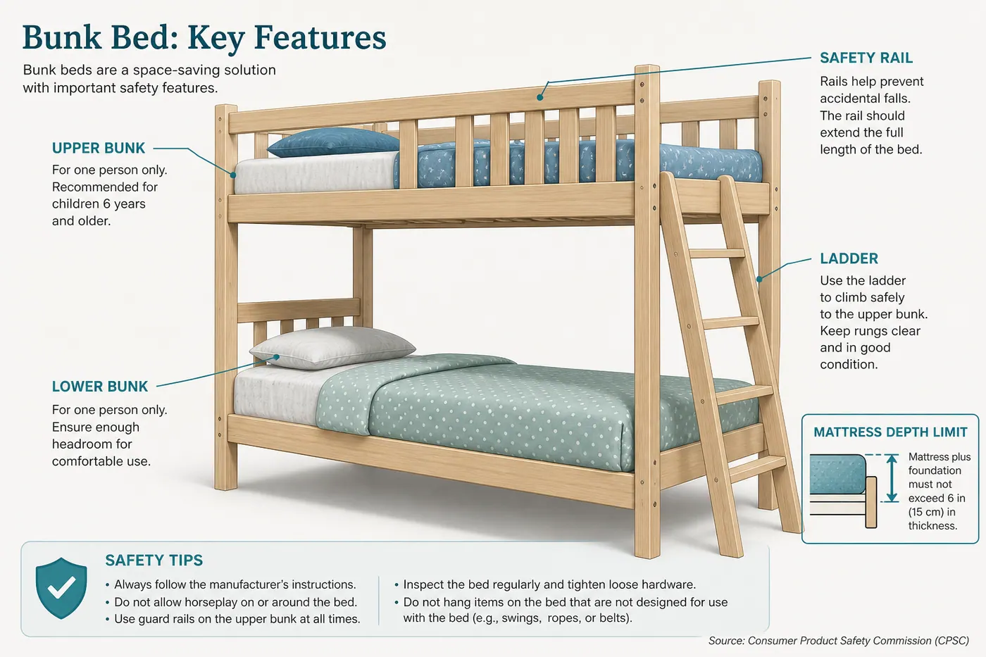 Educational diagram of bunk bed lower frame, upper bunk, ladder and safety rail with mattress depth limit marked