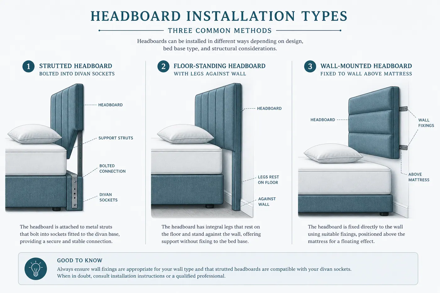 Educational diagram comparing strutted, floor-standing and wall-mounted headboard installation methods