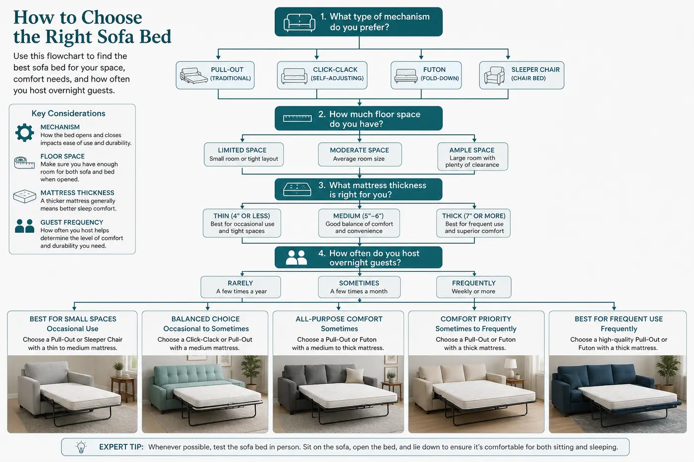 Educational decision diagram for sofa bed mechanisms and open floor clearance