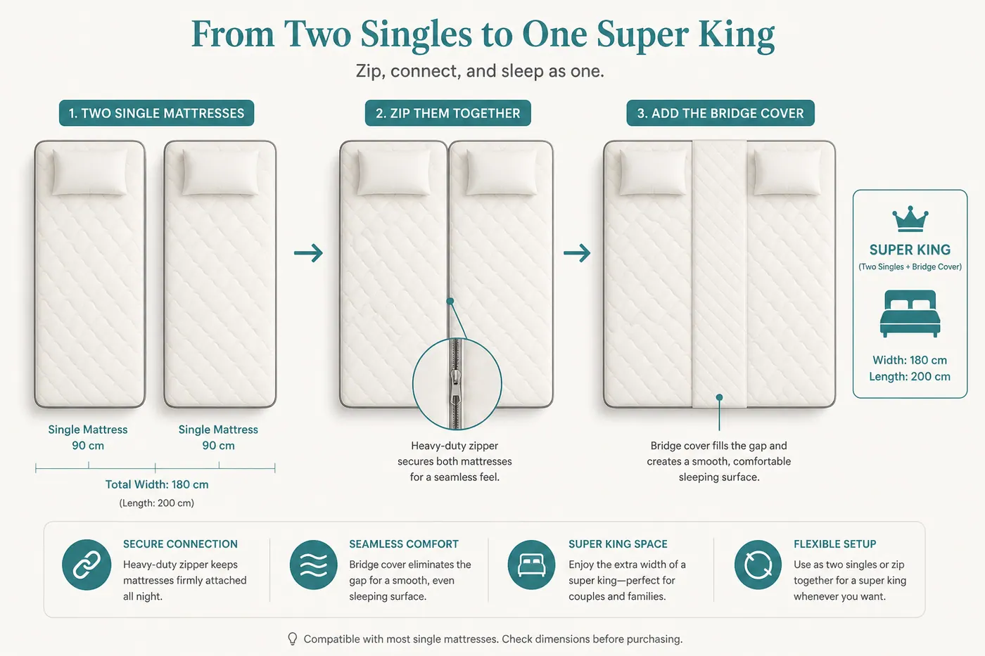 Educational diagram of two Single mattresses zipped together on a base with a bridge cover over the centre join
