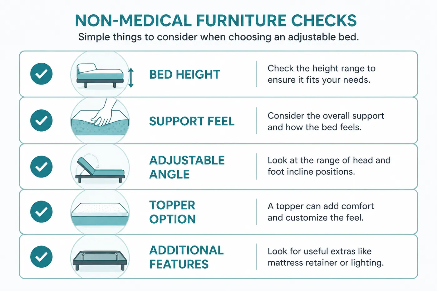 Educational checklist for bed height, support feel and access when sleep needs change