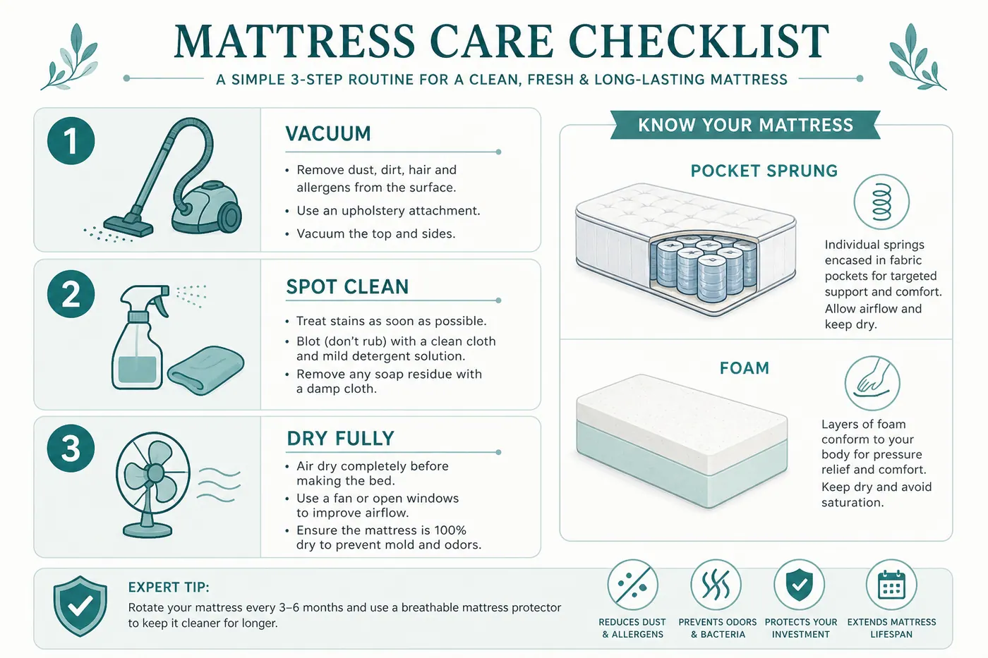 Educational checklist diagram for vacuuming and spot-cleaning different mattress types