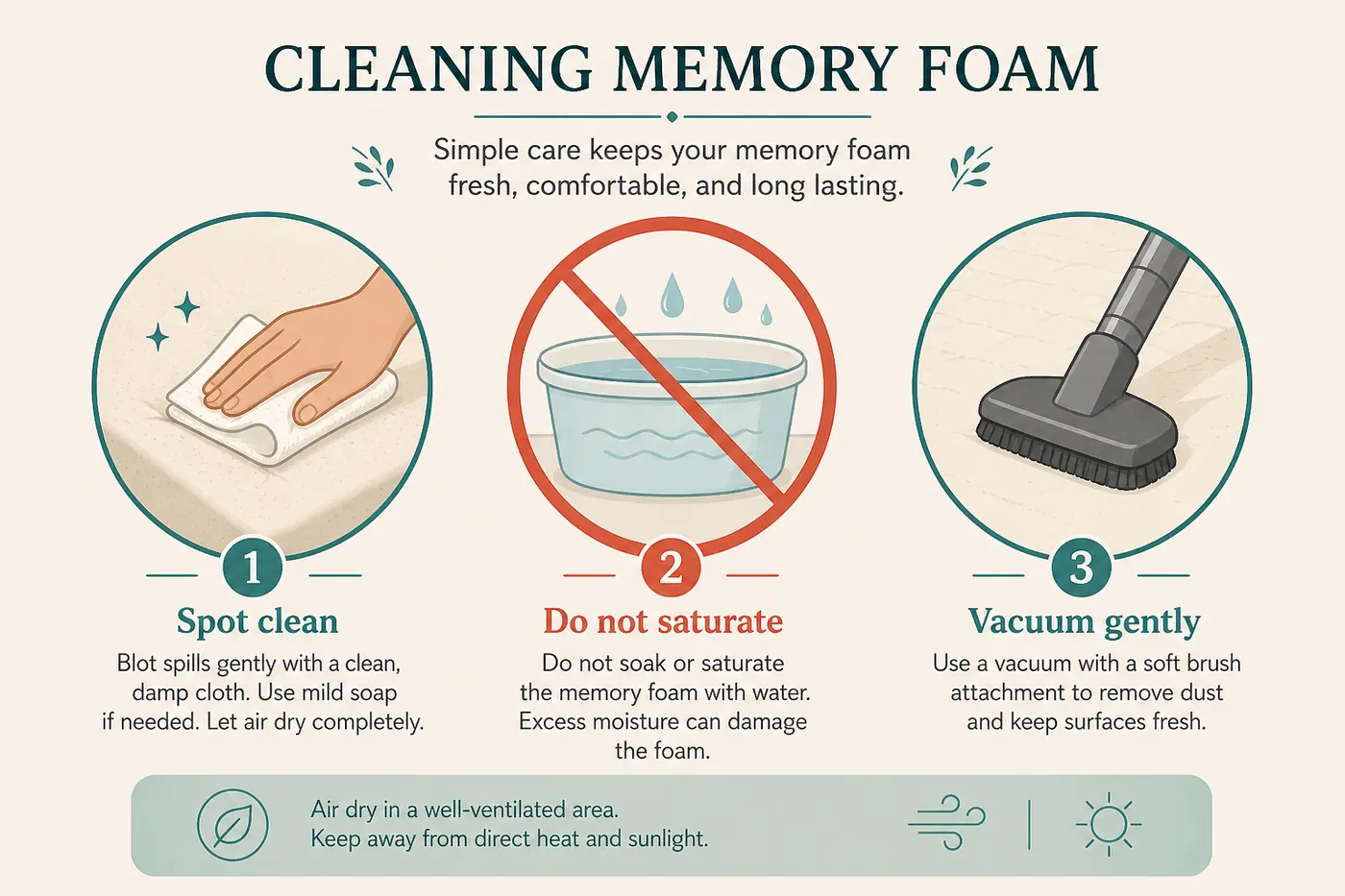Care diagram for spot-cleaning memory foam without saturating the core