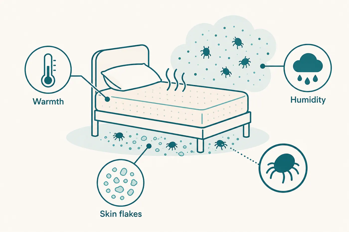 Educational diagram of dust-mite habitat factors — warmth, skin flakes and humidity around a mattress