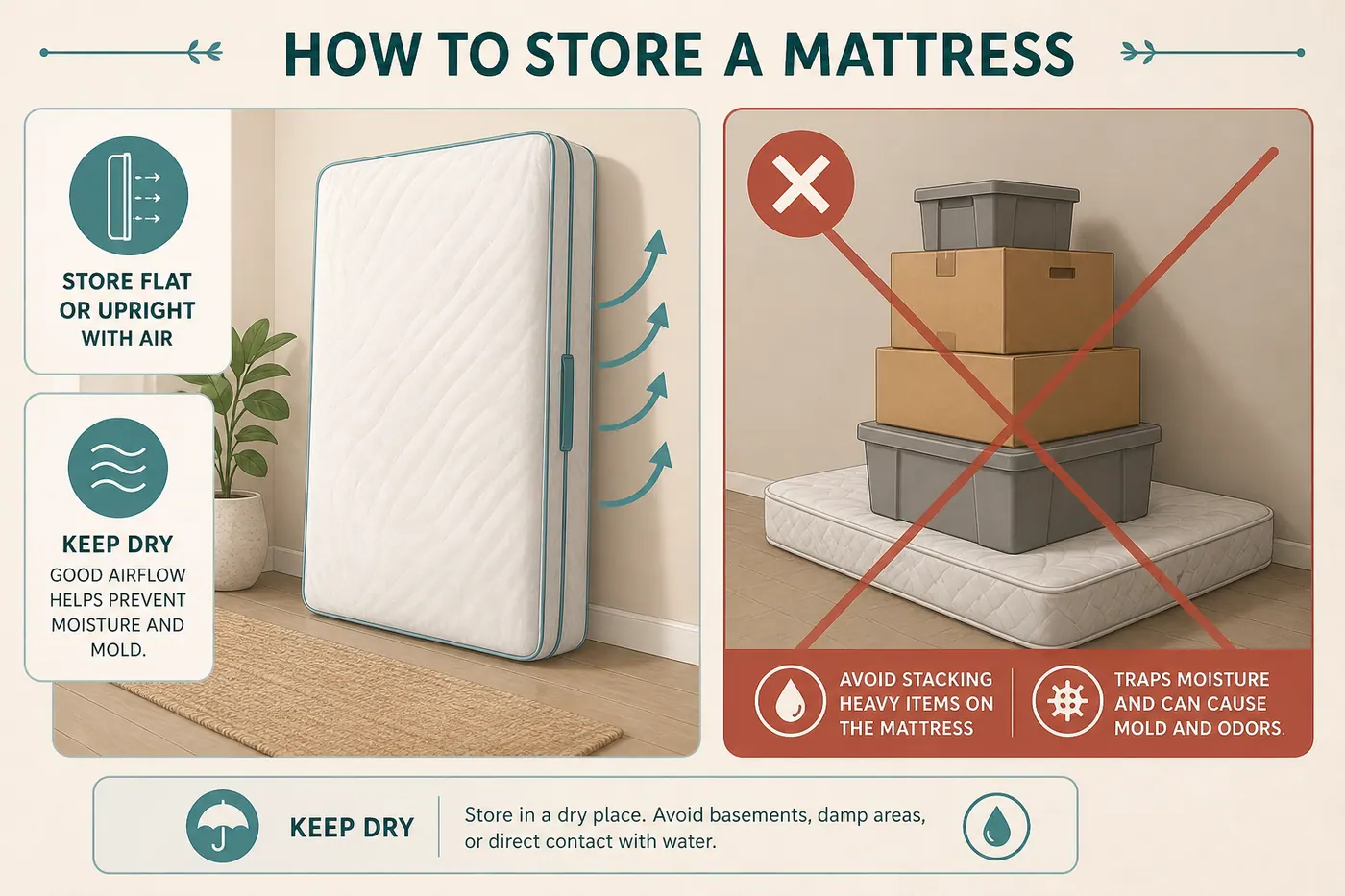Diagram of storing a mattress upright with airflow versus crushing it under heavy boxes