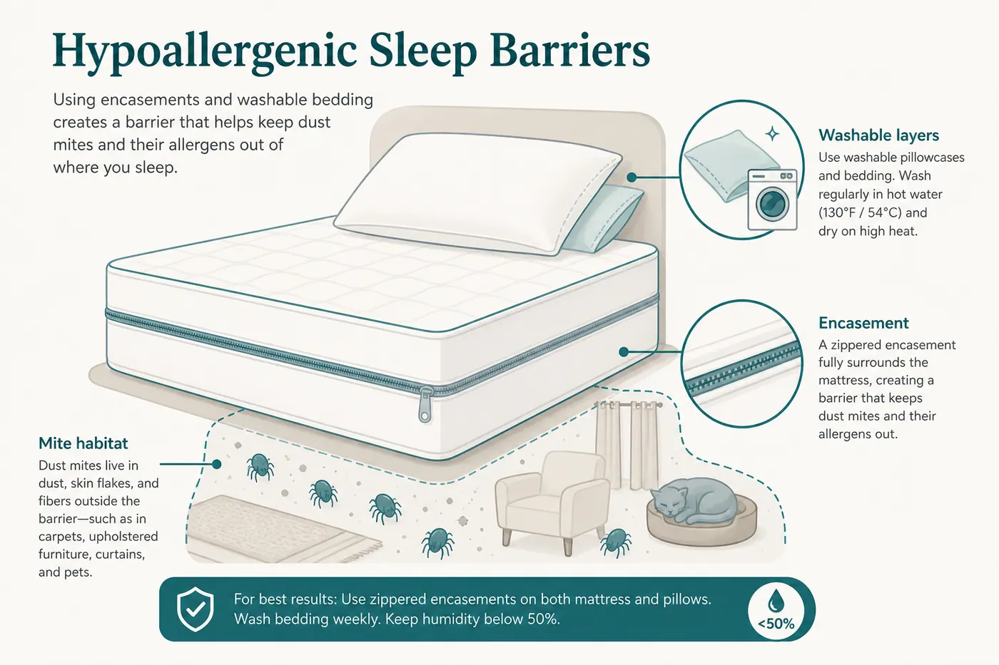 Educational diagram of barrier encasement, washable covers and mite habitat factors around a mattress