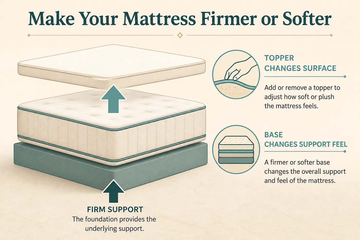 Diagram showing a topper changing surface feel while the base affects support feel
