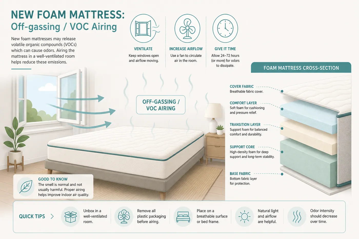 Educational diagram of a new foam mattress airing with off-gassing vapour lines and open-window airflow
