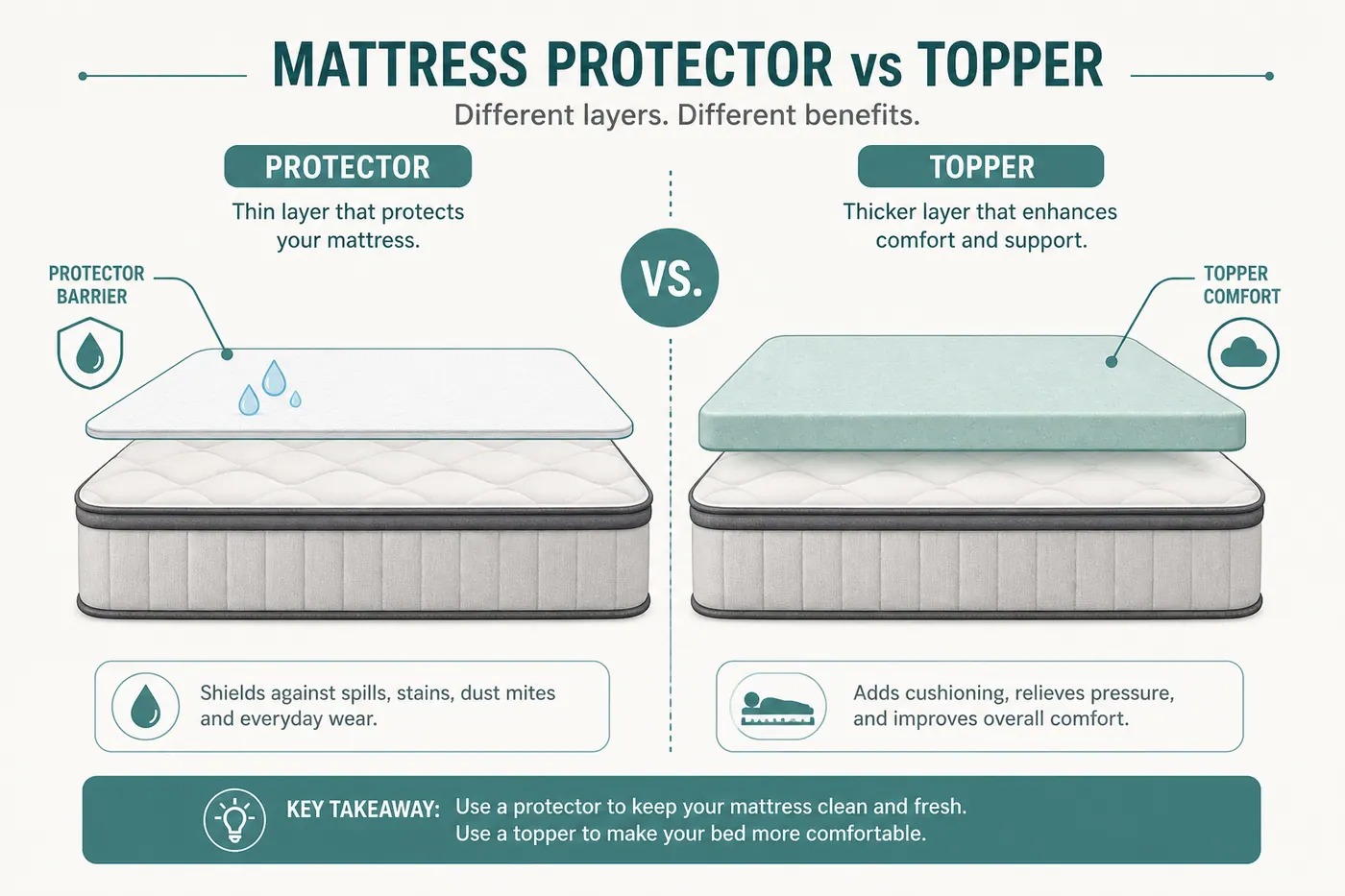 Stack diagram of thin waterproof protector versus thicker comfort topper on a mattress