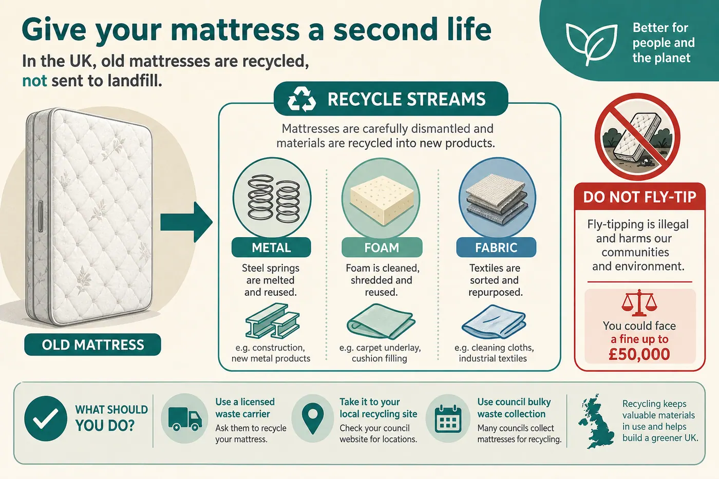 Educational diagram of UK mattress recycling streams for springs, foam and fabric