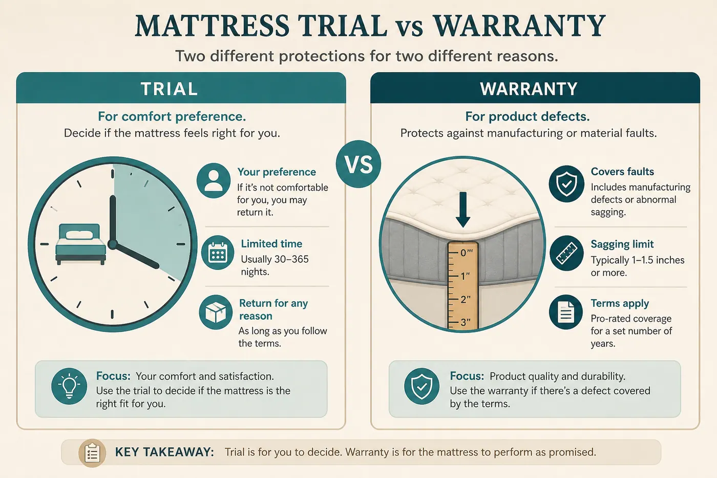 Educational comparison of sleep trial for comfort preference versus warranty for faults and sag