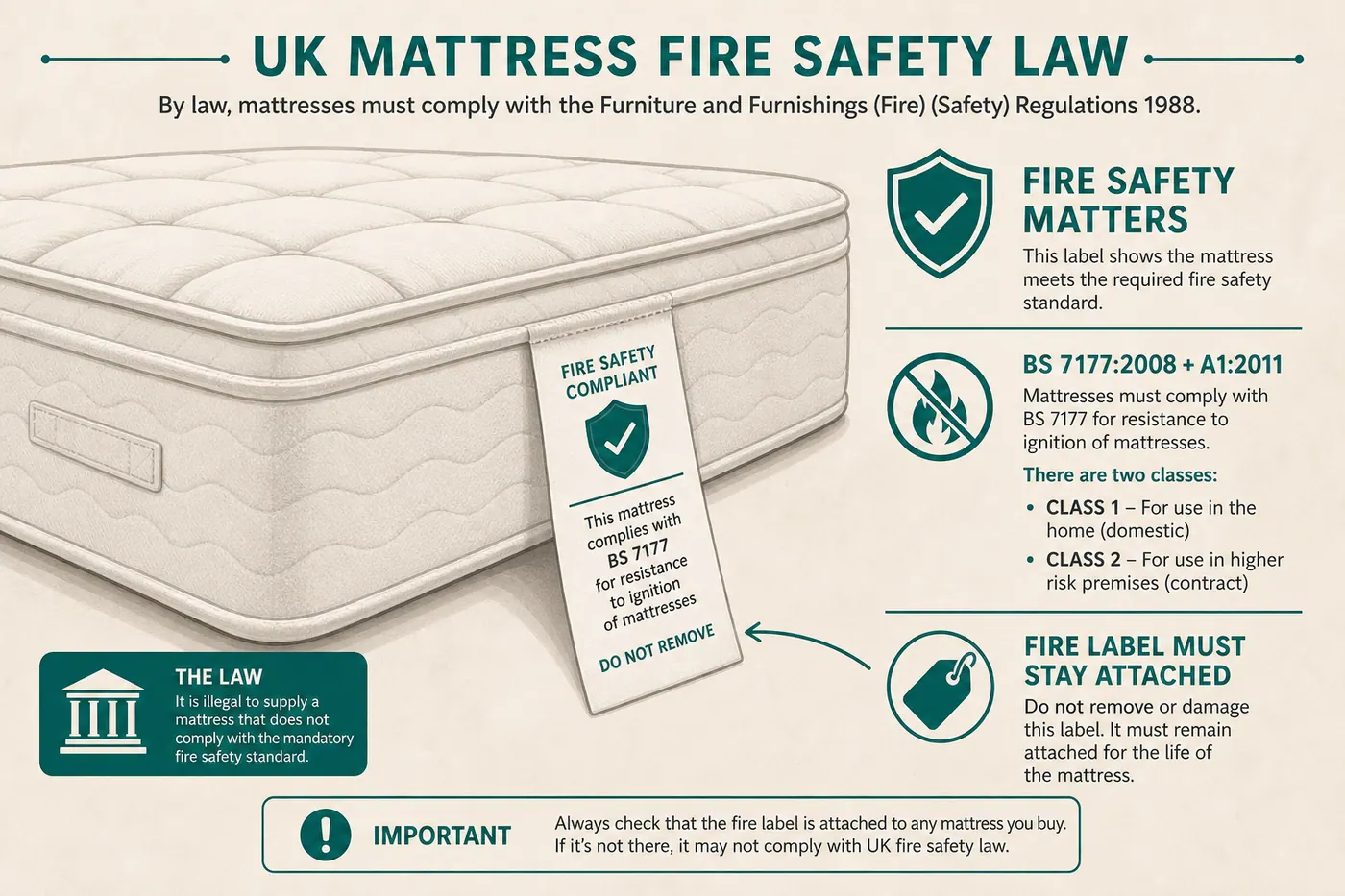 Educational diagram of a UK mattress with its fire safety law label still attached