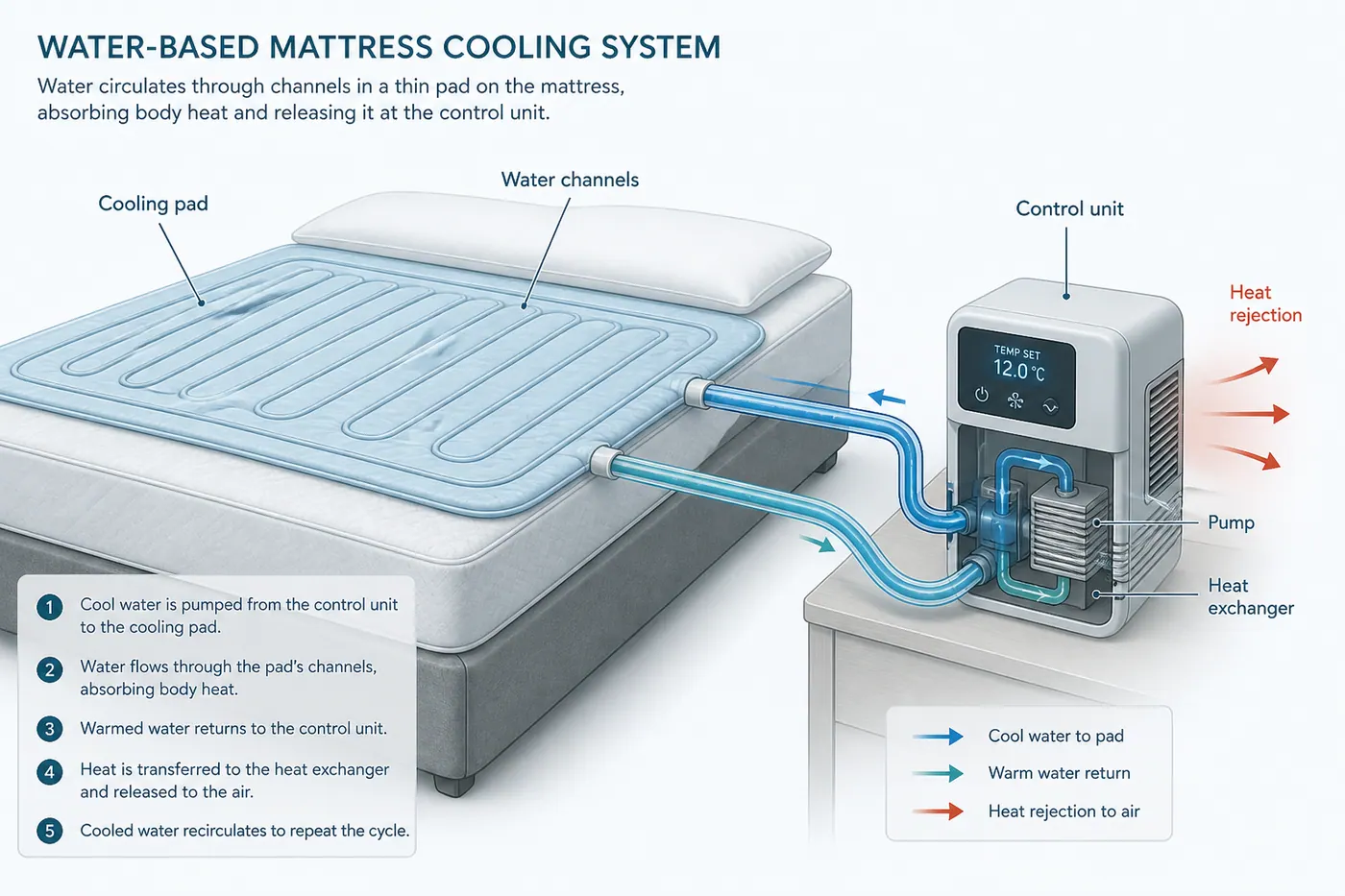 Educational diagram of a cool-sleep stack — room air, sheets, duvet TOG and mattress airflow