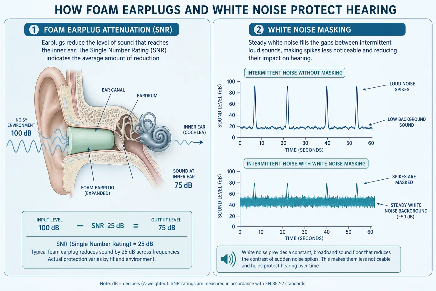 Educational diagram showing earplug attenuation in the ear canal beside a white-noise spectrum masking intermittent spikes