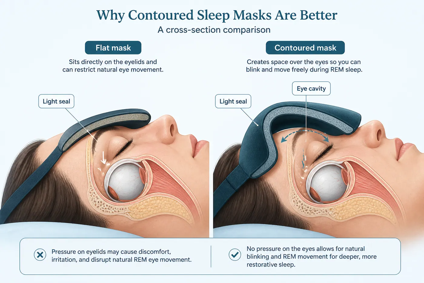 Educational cross-section comparing a flat sleep mask pressing on eyelids with a contoured mask that leaves space for eye movement