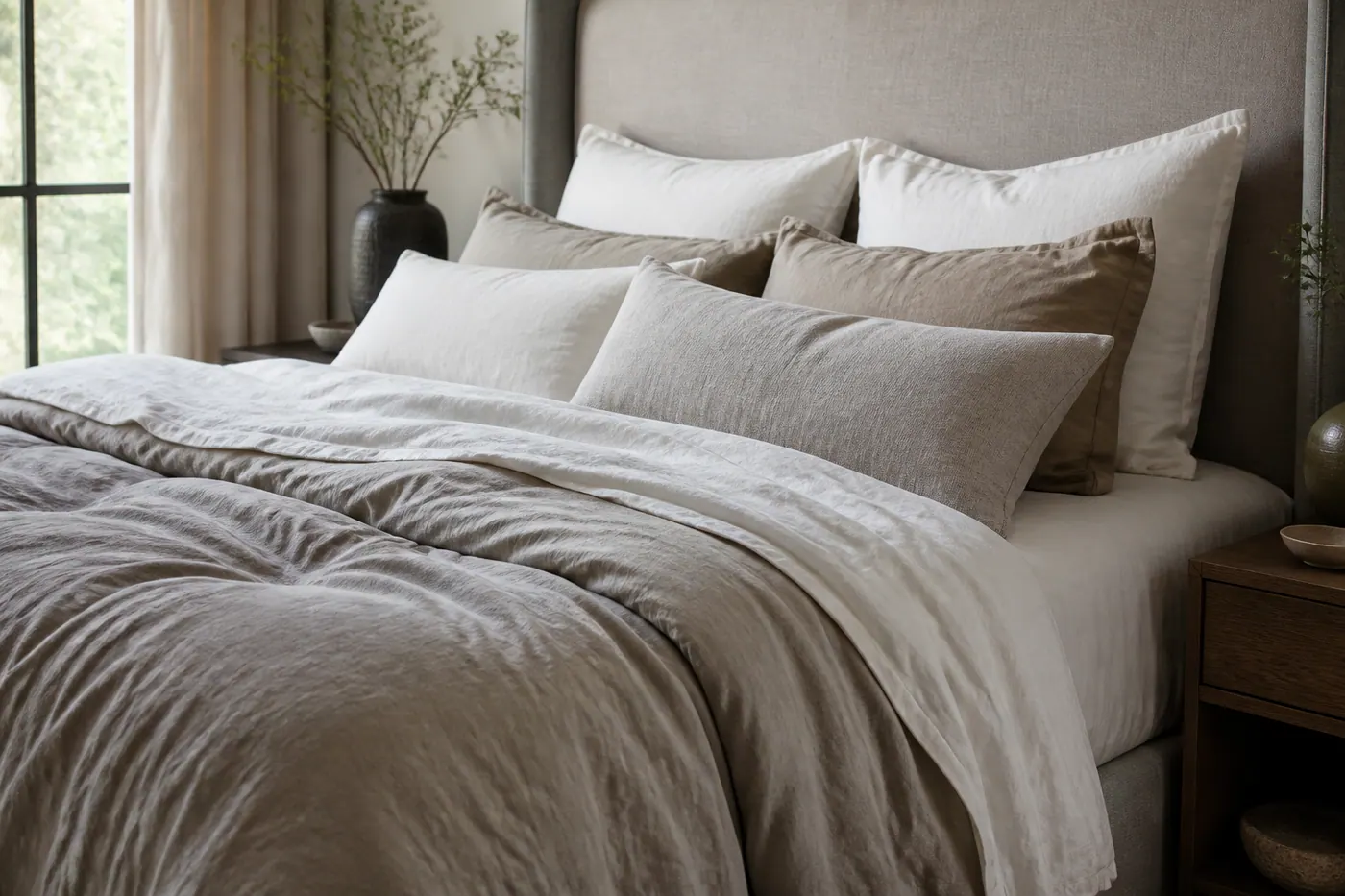 Layered duvet and pillows on a made bed
