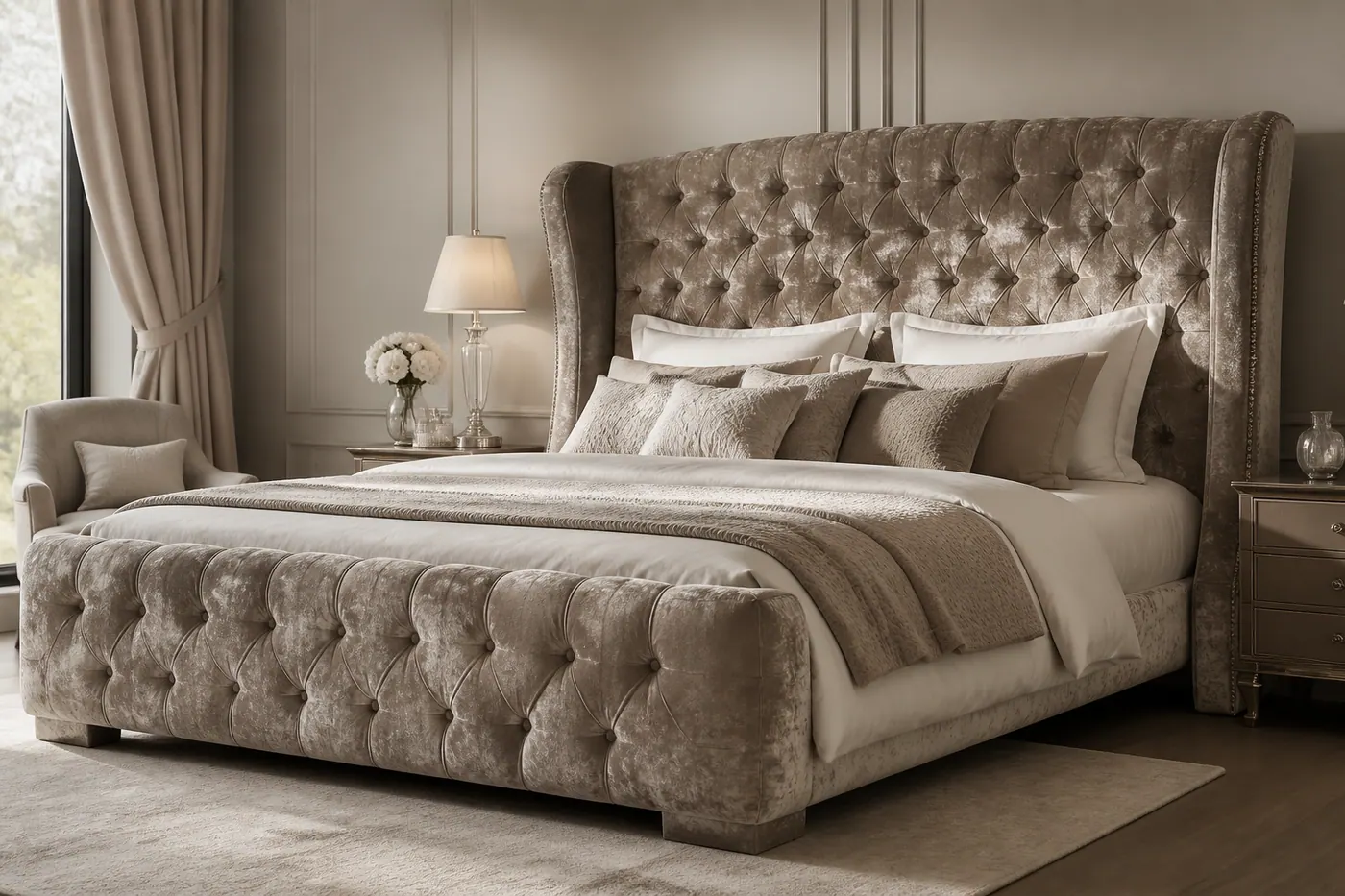 Deep-buttoned Chesterfield-style bed in crushed velvet in an elegant bedroom