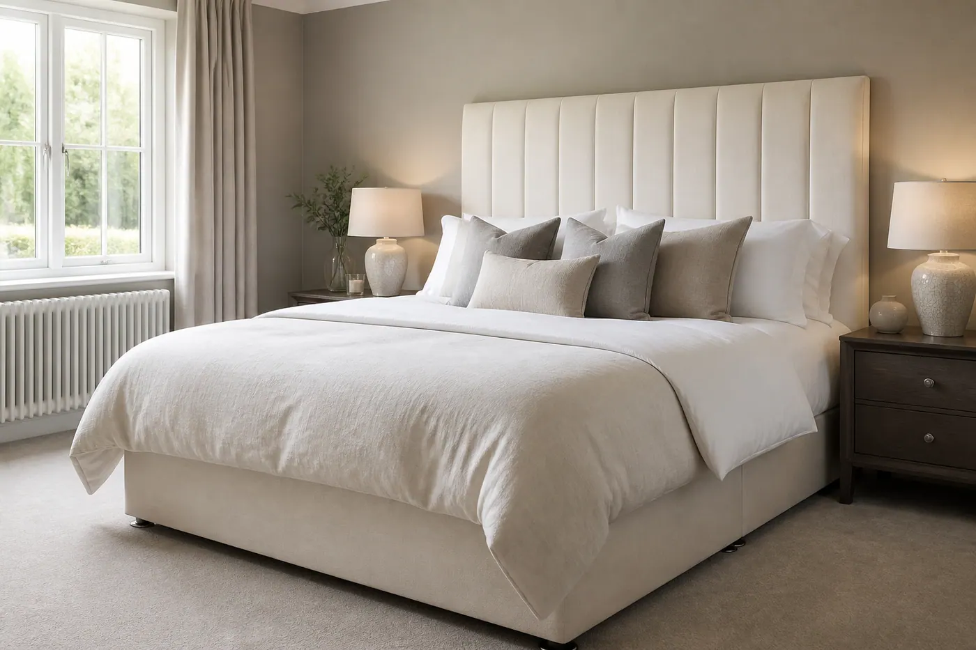 Upholstered divan bed in a calm bedroom