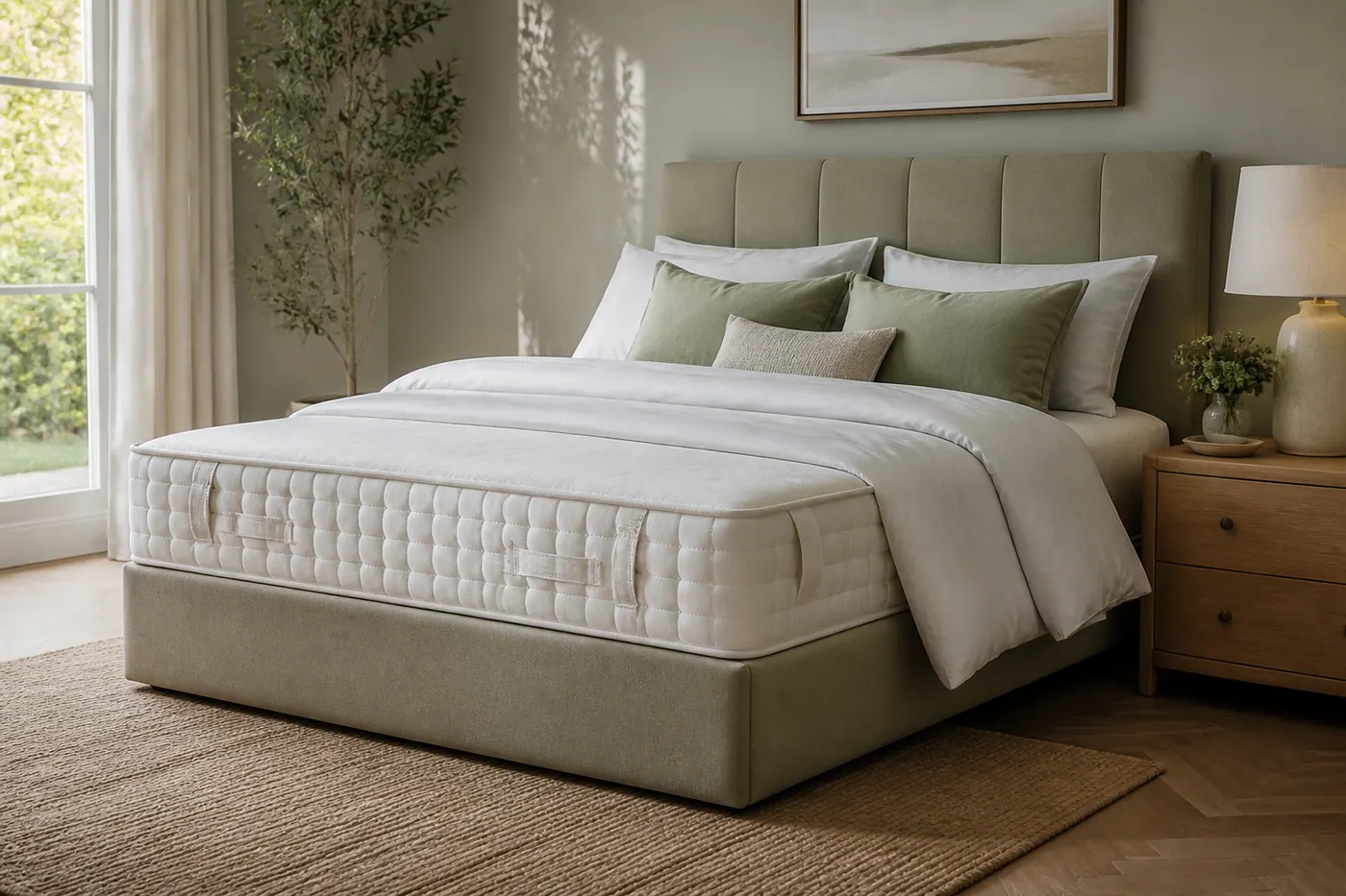 Neat mattress and bedding in soft daylight