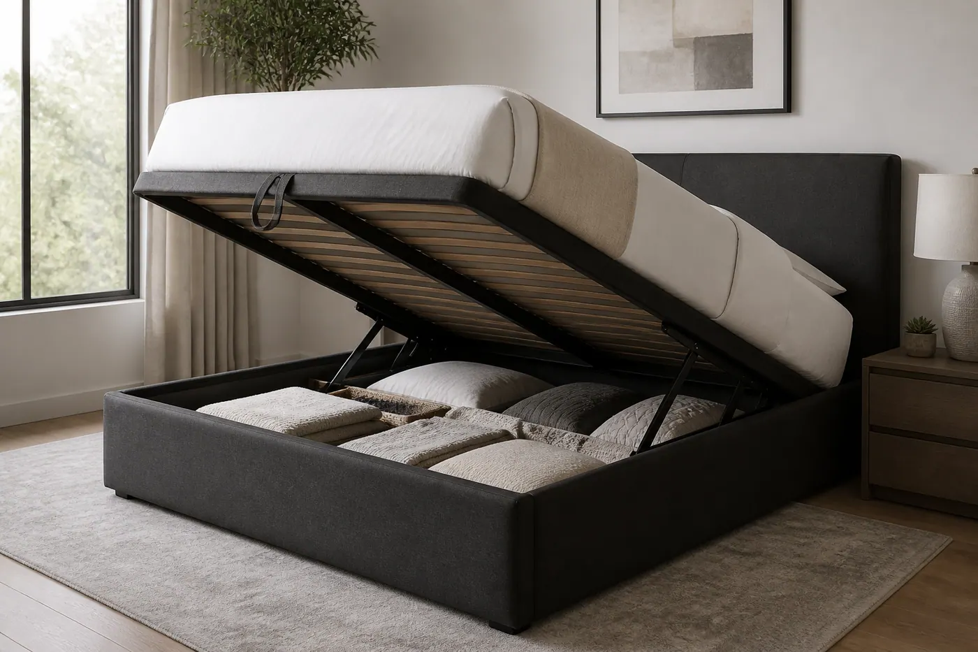 Ottoman bed with the mattress platform lifted to show under-bed storage