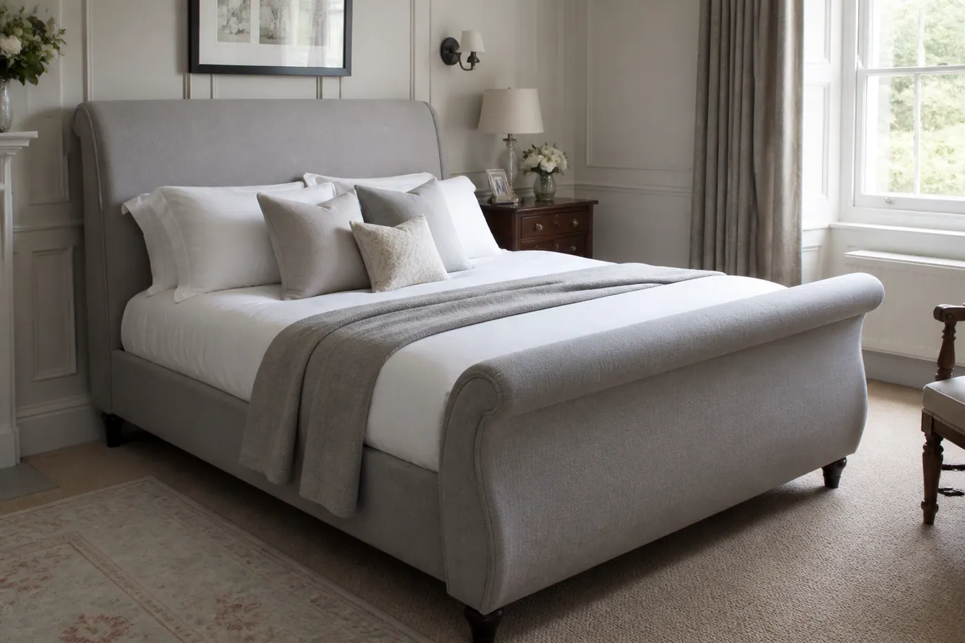 Classic upholstered sleigh bed with curved headboard and footboard