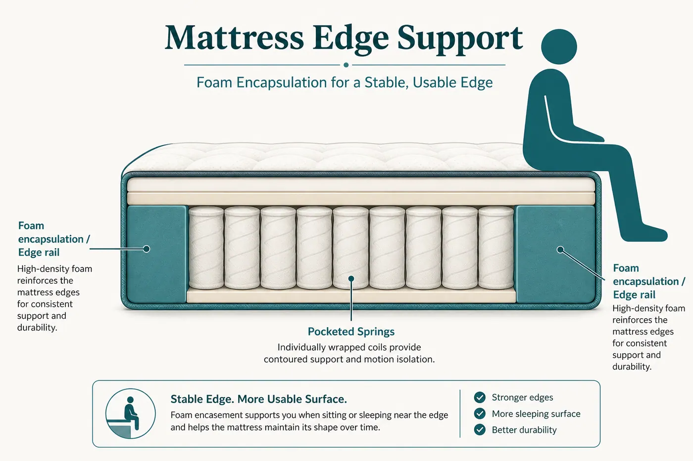 Cross-section diagram of pocket springs with dense foam encapsulation rails for edge support