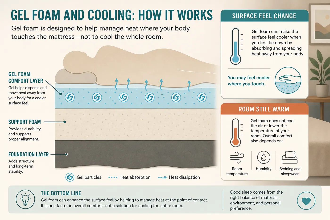 Educational diagram of gel comfort foam versus room temperature — surface claims are not air conditioning