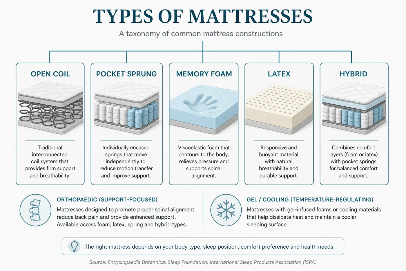 Educational map of mattress construction types linking open coil, pocket, foam, latex and hybrid with marketing labels aside