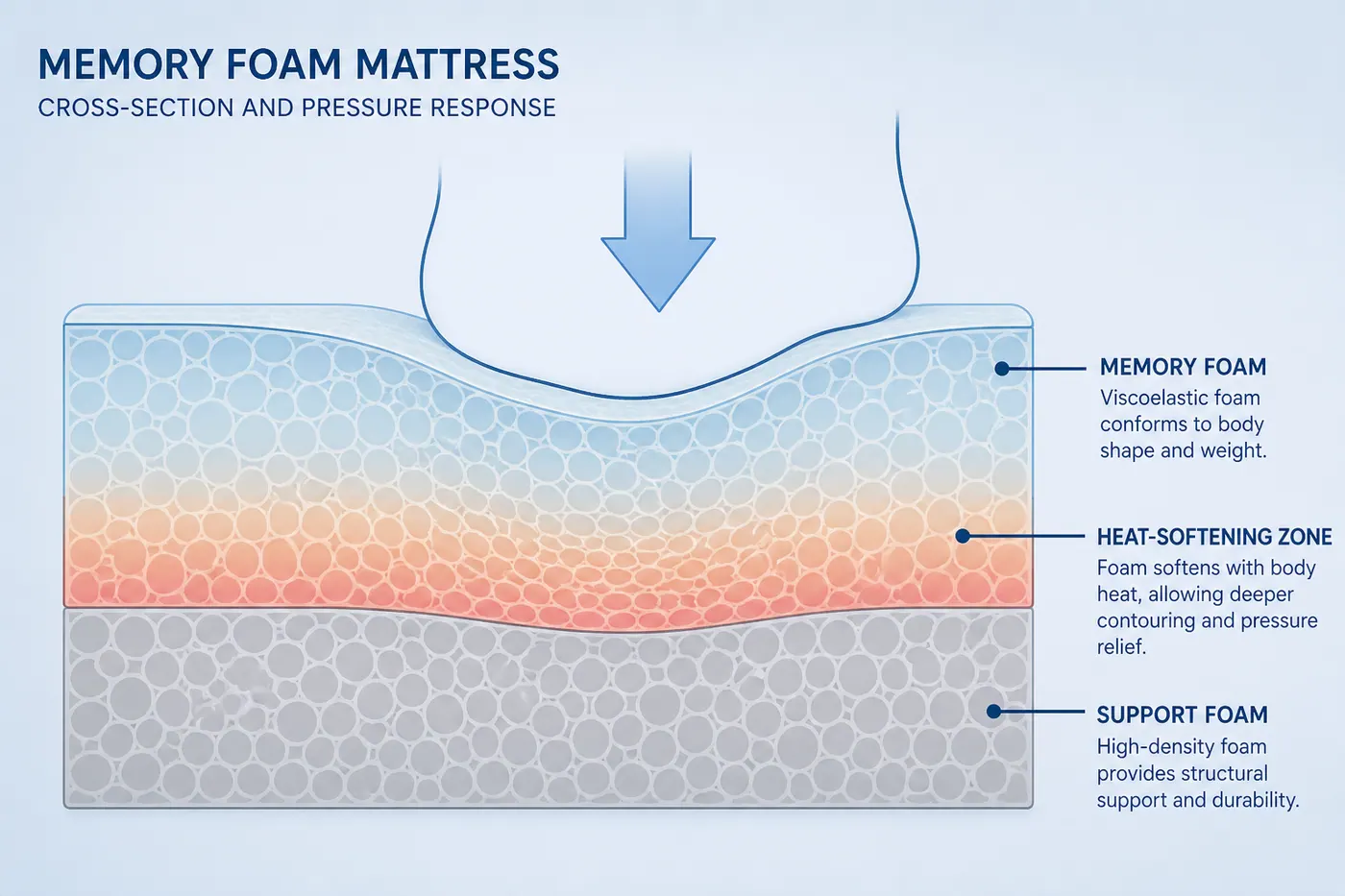 Cross-section diagram of memory foam layers showing viscoelastic comfort foam over denser support foam under pressure