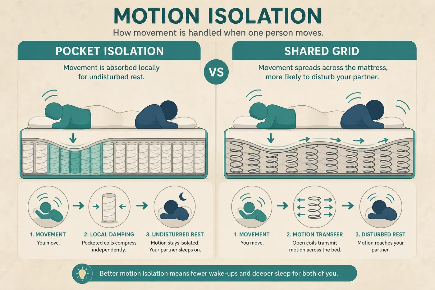 Diagram comparing motion transfer on open-coil grids versus pocket-spring isolation