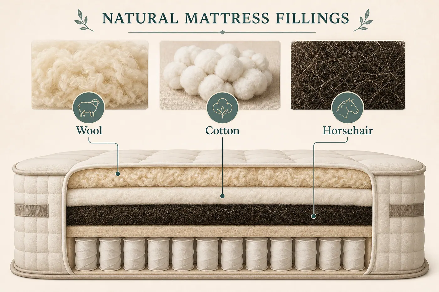 Materials diagram of wool, cotton and horsehair fillings in a mattress stack