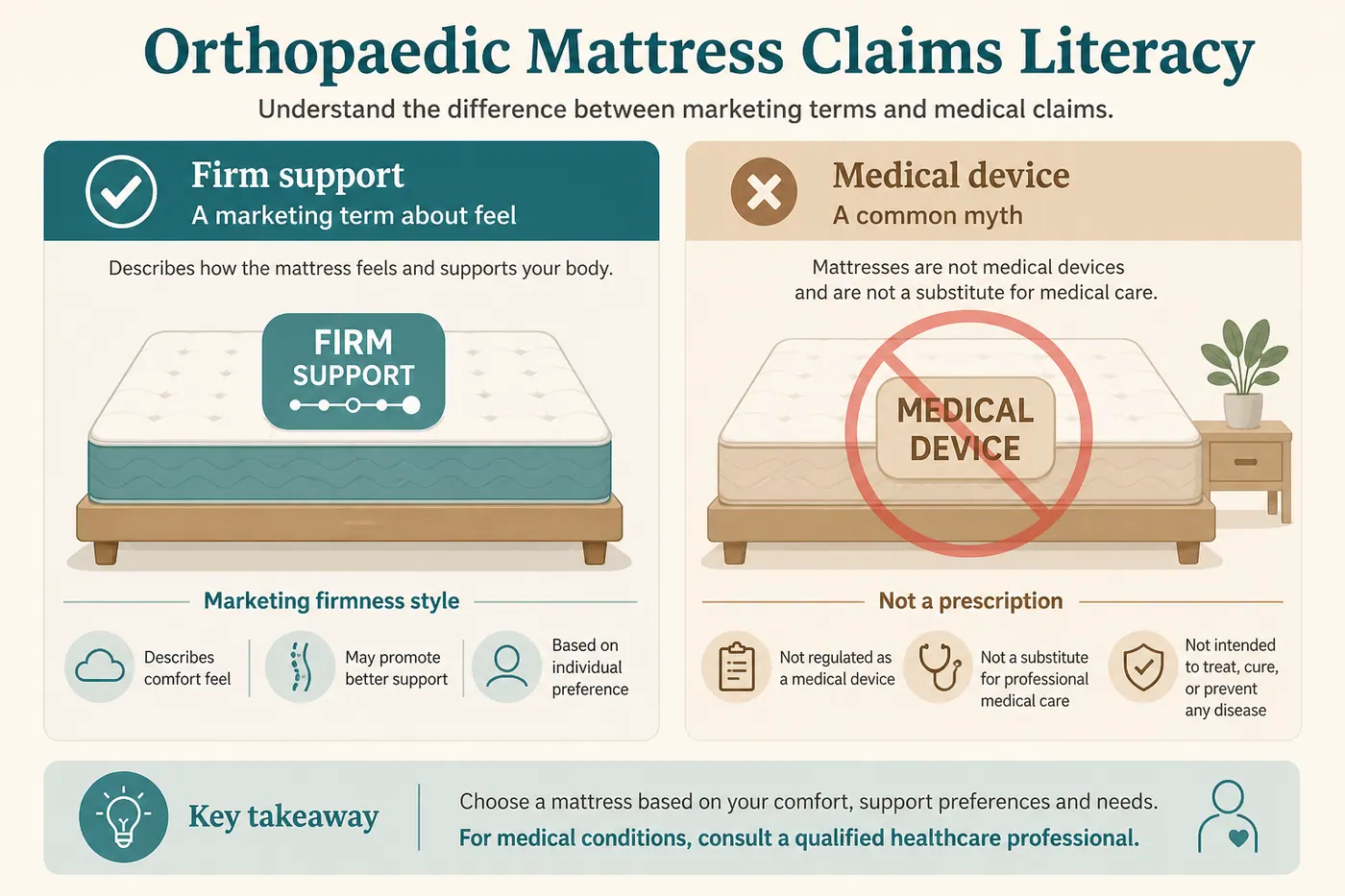 Educational diagram distinguishing orthopaedic marketing firmness from medical prescription claims