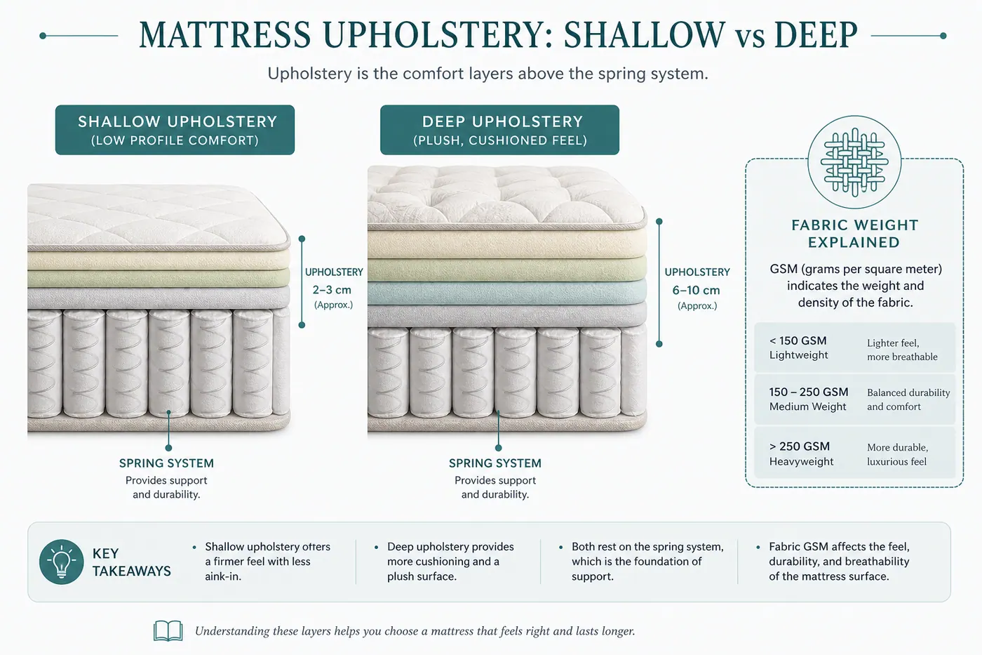 Educational diagram showing shallow versus deep upholstery above a spring unit with a GSM fabric label callout
