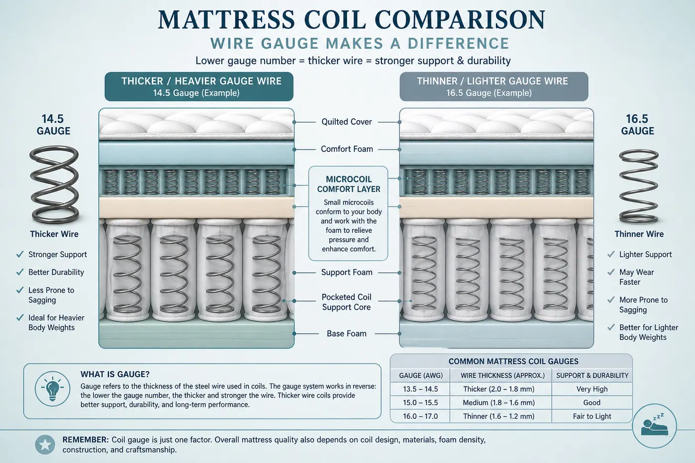 Educational diagram comparing thicker and thinner spring wire gauges beside a primary pocket unit and a microcoil comfort layer