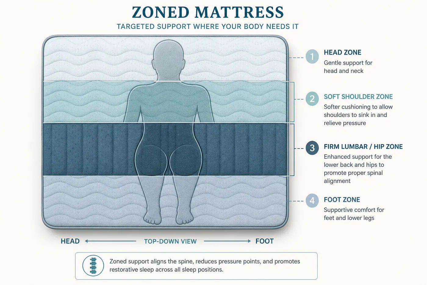 Top-down educational diagram of a mattress divided into head, shoulder, lumbar and foot zones with firmer centre bands