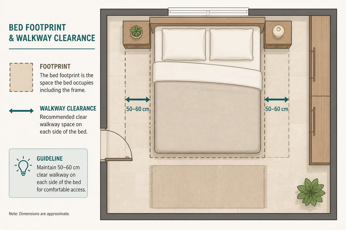 Top-down bedroom plan showing bed footprint and walkway clearance around the bed