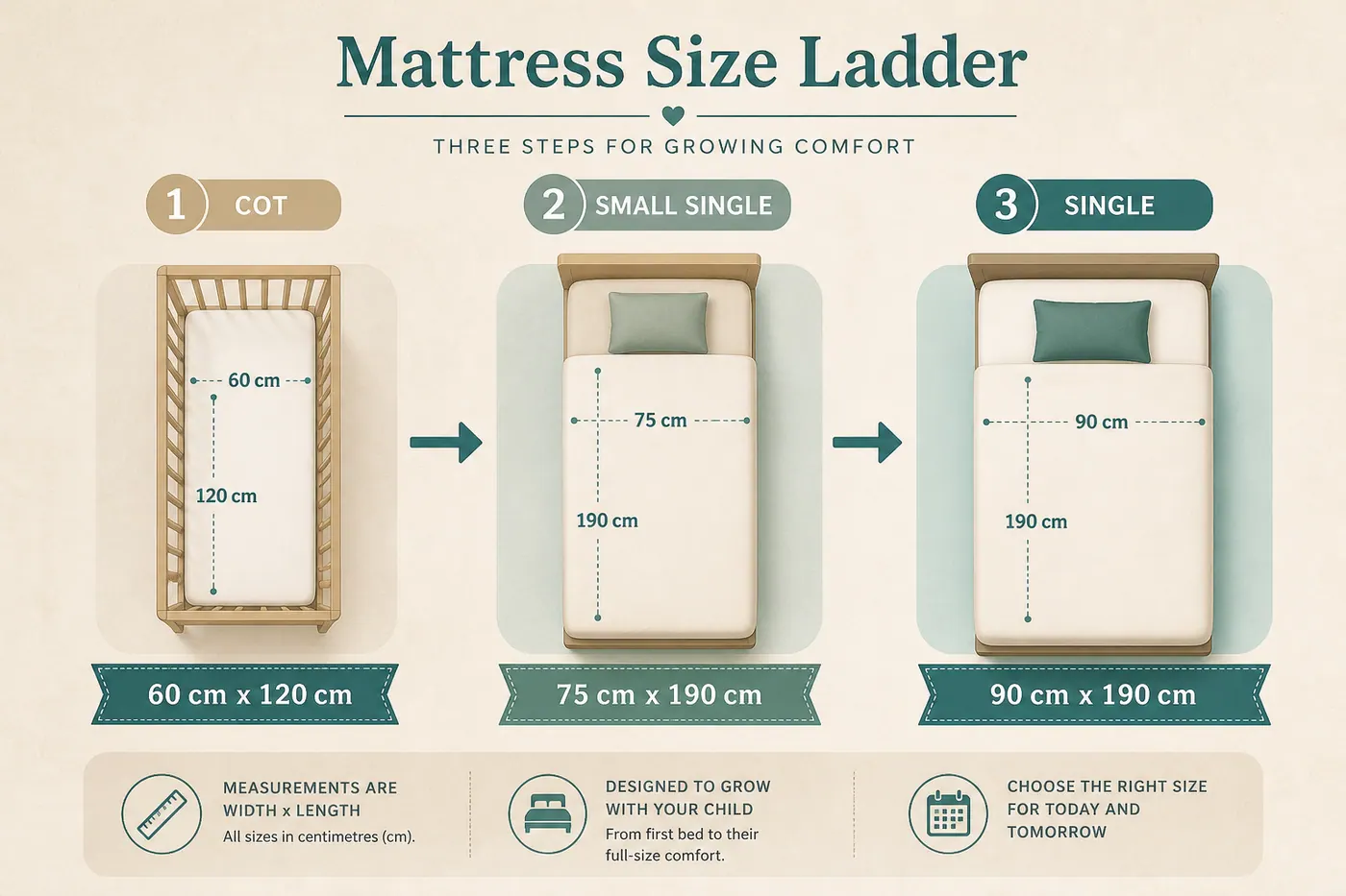 Size ladder diagram from cot mattress to Small Single and UK Single in centimetres