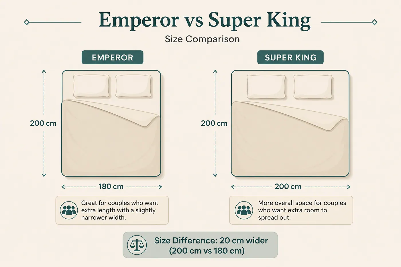 Educational size comparison of UK Super King 180×200 cm versus Emperor 200×200 cm mattress footprints