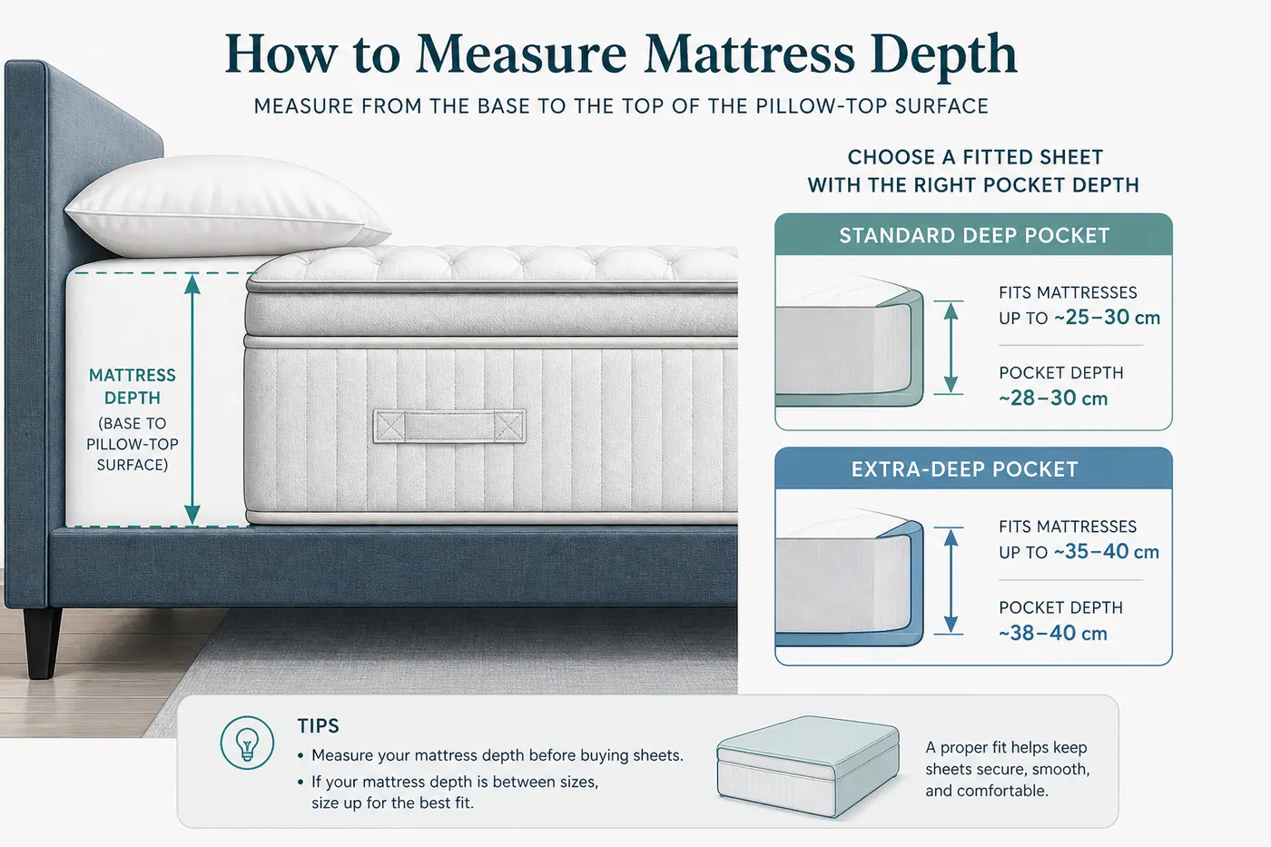 Educational side view measuring mattress depth from base to pillow-top with standard and extra-deep sheet pocket callouts