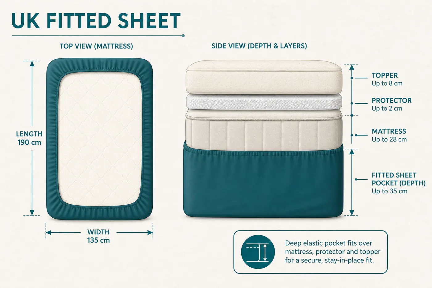 Educational diagram of UK fitted sheet footprints and pocket depth covering mattress plus topper